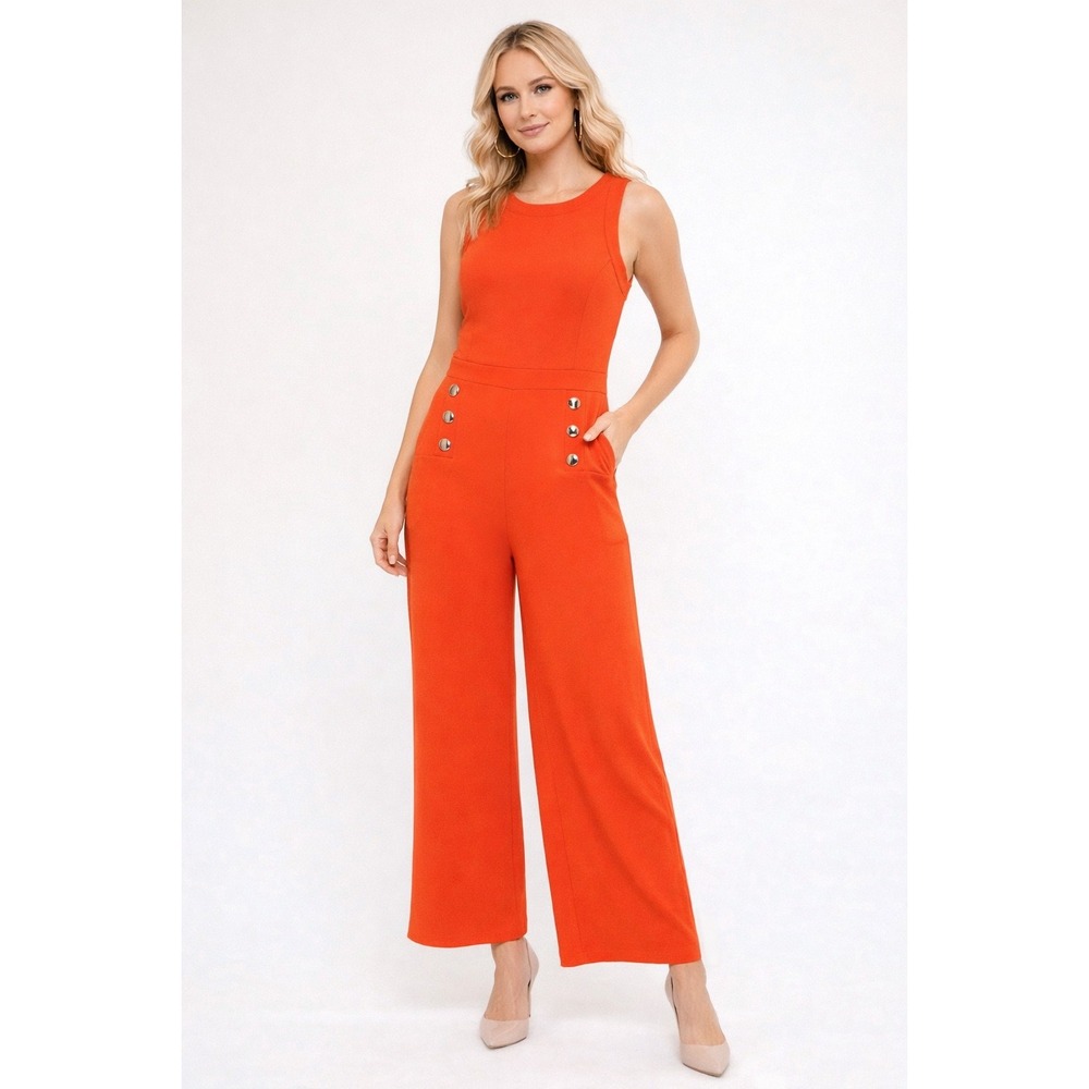 Karl Lagerfeld Paris Womens Red Orange Wide Leg Sailor Button Jumpsuit 14 Office